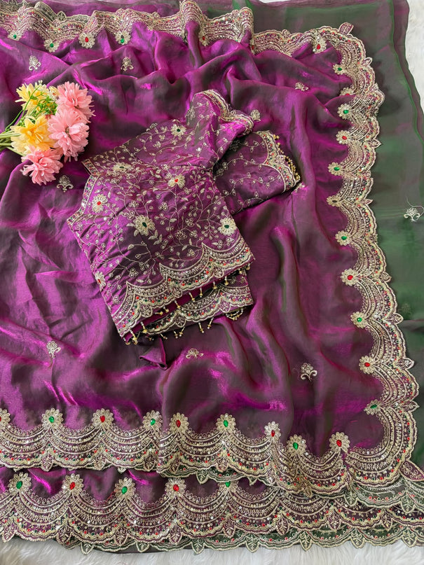 Soft Space Silk Saree with Heavy Embroidery & Sequin Work and Rich Zari Embroidered Stitched Blouse