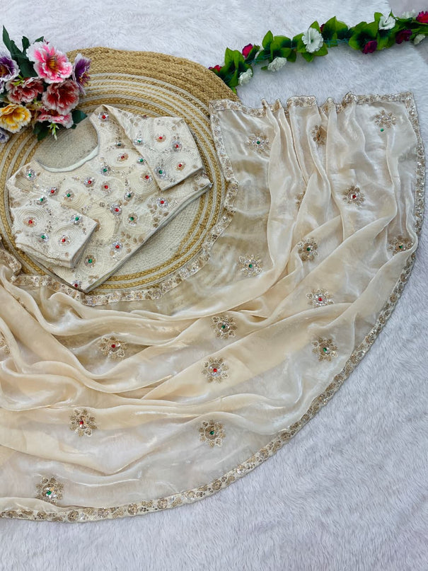 Elegant Embroidery Work & Stitched Blouse with Mina Buti Design