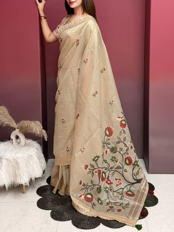 Soft Glass Silk Saree with Full Minakari & Zari Jacquard Weaving and Contrast Cotton Blouse