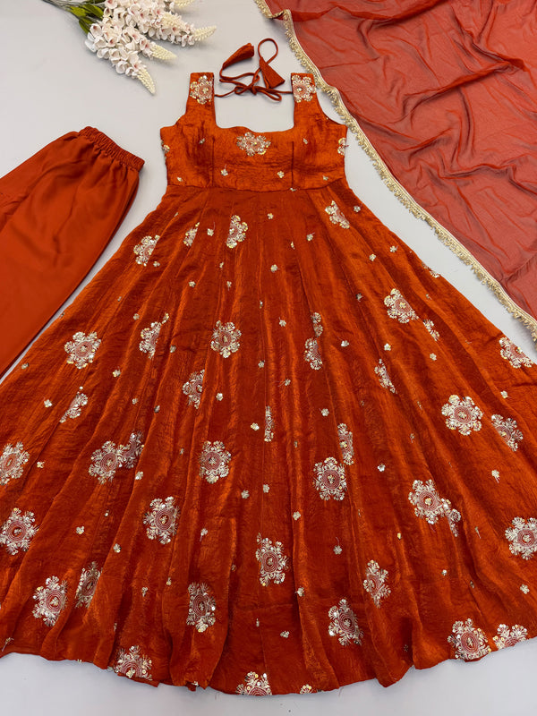 Embroidered Gown with Pant & Lace Border Dupatta