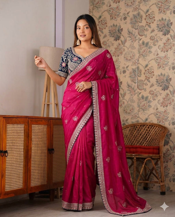 Designer Soft Satin With Sequence Zari Embroidery work saree