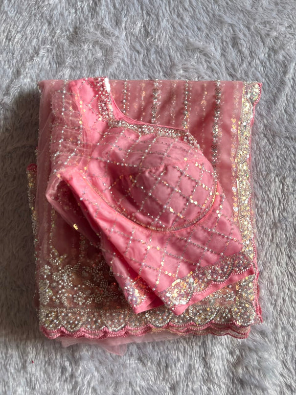 Soft Net Beads Pearl Work Saree Set
