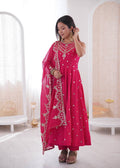 Beautiful Premium Roman Silk With Heavy Embroidery Sequence Work Gown Set