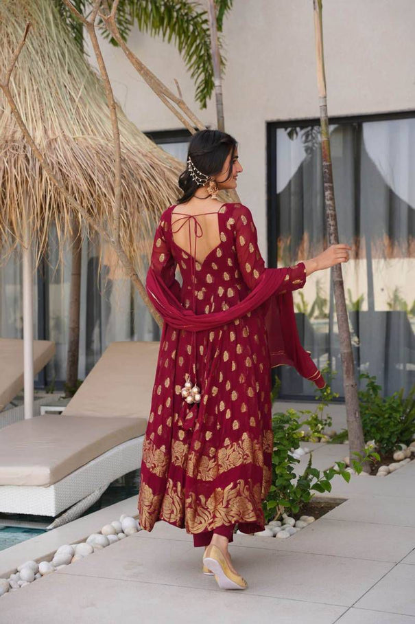 Maroon Color Jaquard Weaving Work Top Pent