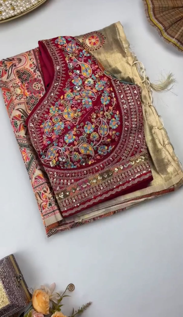 Beautiful Soft Rich Pure Pashmina Silk With Multicolour Thread Weaving Work Saree