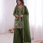 Beautiful Soft Rich Pure Fendy Silk Embroidery Sequence Work Plazzo Set