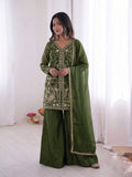 Beautiful Soft Rich Pure Fendy Silk Embroidery Sequence Work Plazzo Set