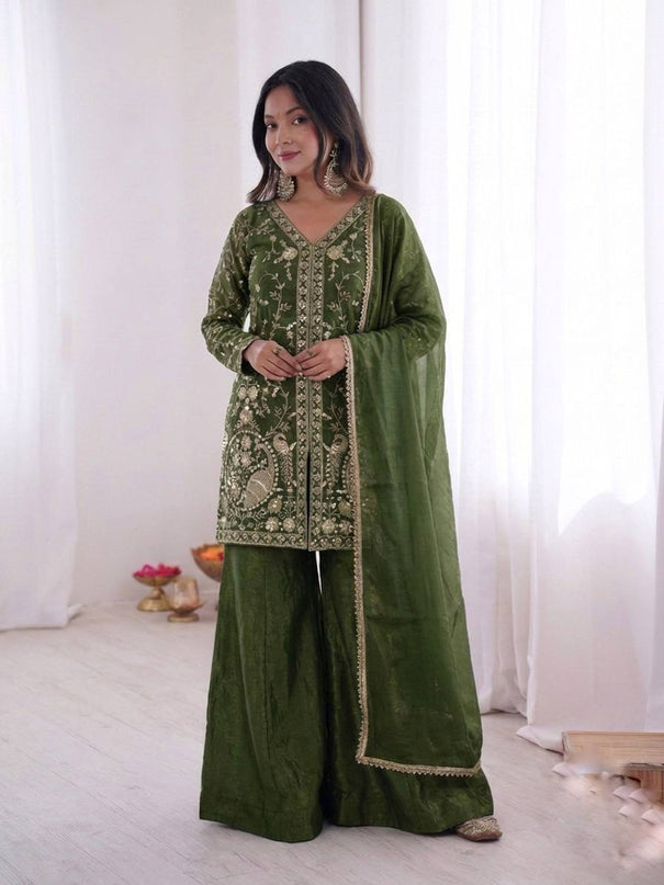 Beautiful Soft Rich Pure Fendy Silk Embroidery Sequence Work Plazzo Set