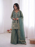 Beautiful Soft Rich Pure Fendy Silk Embroidery Sequence Work Plazzo Set