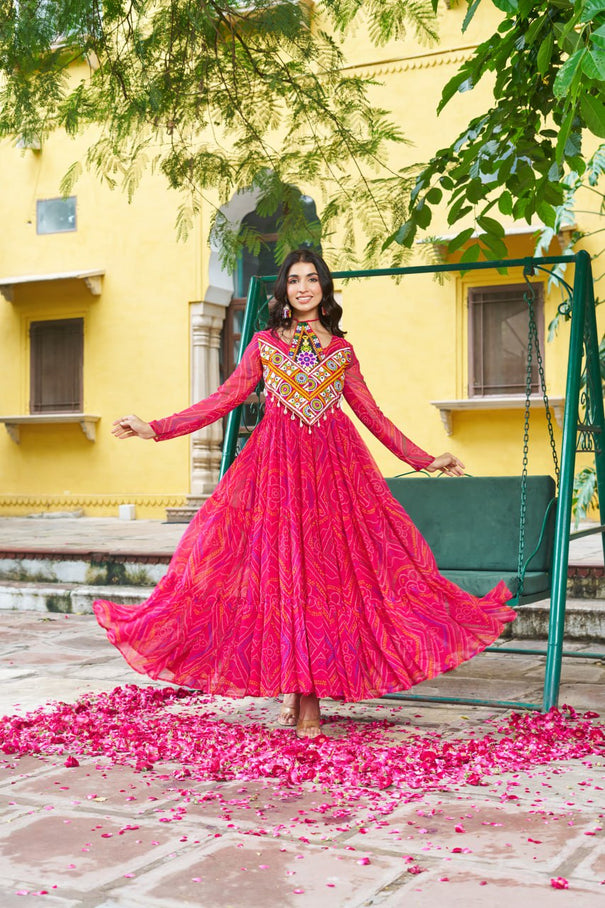 Navratri Festive Bandhani Kutchi Work Georgette Gown
