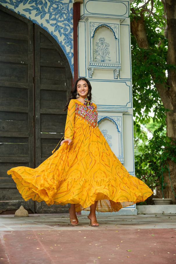 Navratri Festive Bandhani Kutchi Work Georgette Gown