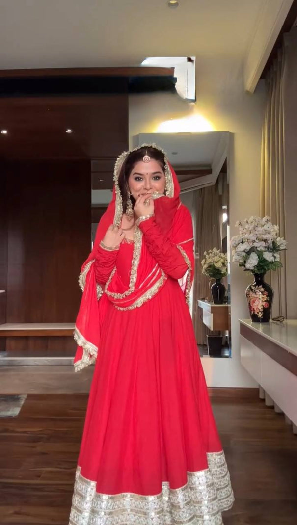Red Color Georgette Coding Dori With Sequience Work Anarkali