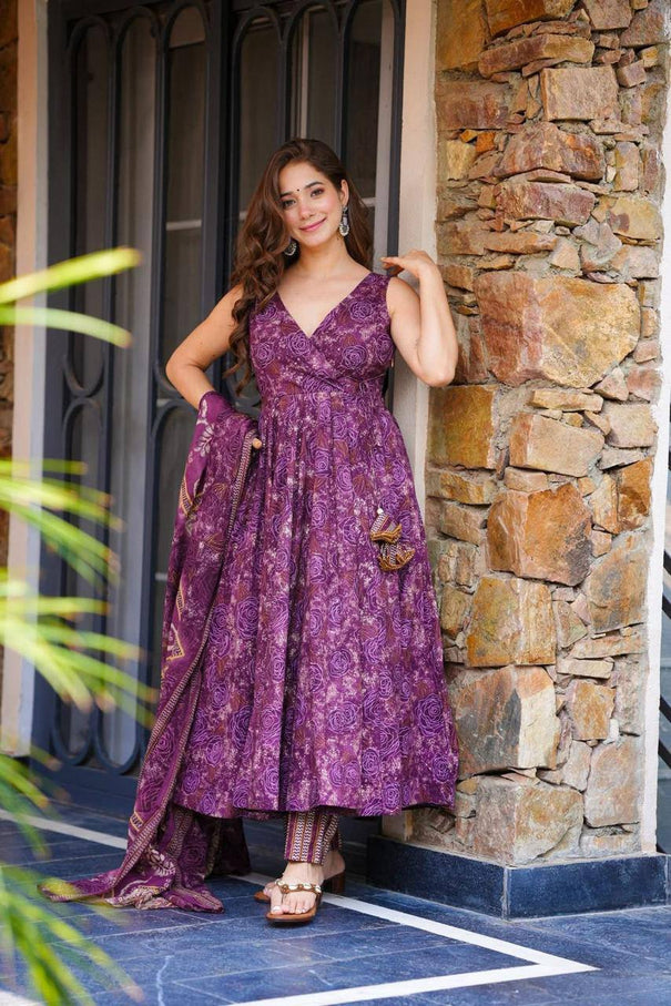 Purple Color Cotton Fabric With Digital Printed Work Anarkali