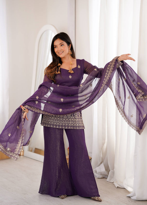 Crunchy Silk Embroidered Bell Bottom Suit Set