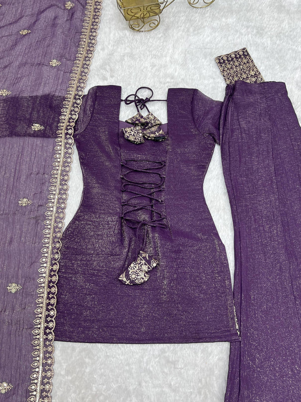 Crunchy Silk Embroidered Bell Bottom Suit Set