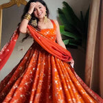 Orange Color Fendy Silk With Sequience And Padded Work Anarkali