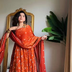 Orange Color Fendy Silk With Sequience And Padded Work Anarkali