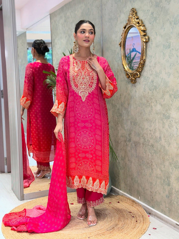 Pink Color Natural Crep Embroidery Wotk Top Pent