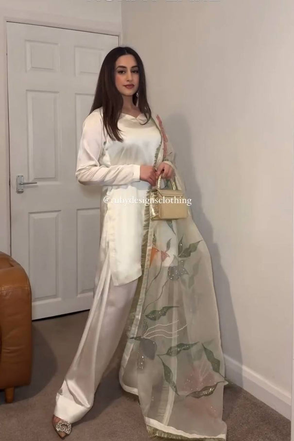 White Color Japan Silk Satin Silk Top Plazzo
