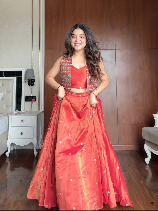 Red Color Simmer Silk With Thread With Sequience Work Lehenga Choli With Koti