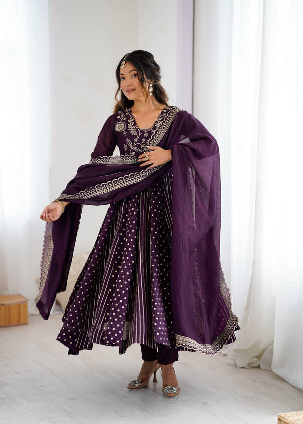 Purple Color Crunchy Silk Embroidery Work Top Plazzo