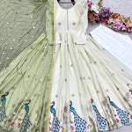 White Color  Pure Dola Silk Embroidery Work Gown