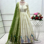 White Color  Pure Dola Silk Embroidery Work Gown