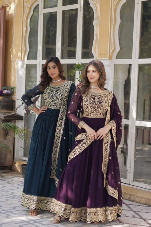 Faux Blooming Emberoidery Zari Work Gown
