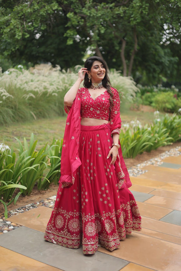 Red Rangoli Silk With Heavy Sequence And Thread Embroidery Work Lehenga Choli
