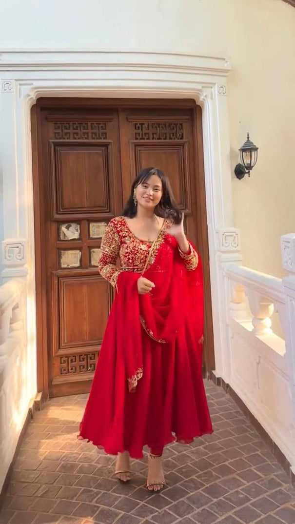 Red Color Georgette Sequience Embroidey Work Top Plazzo