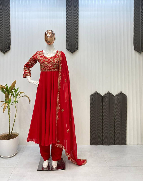Red Color Georgette Sequience Embroidey Work Top Plazzo