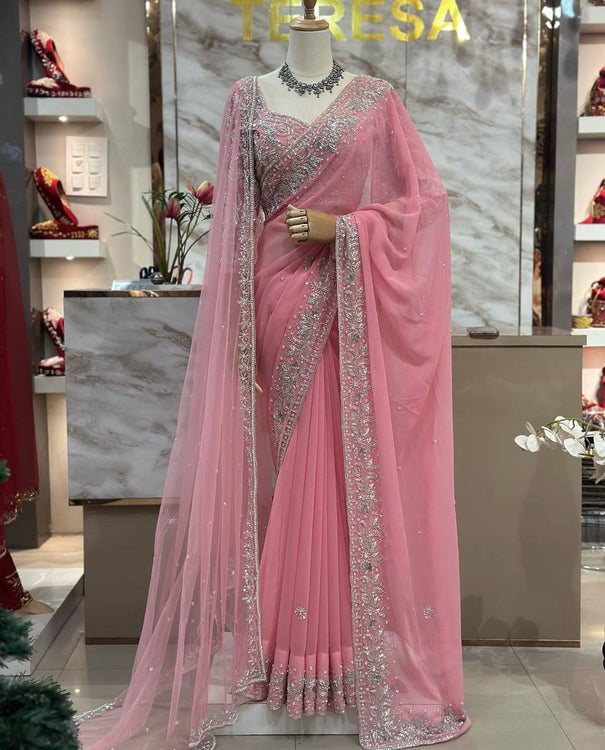 Pink Color Faux Georgette Thread With Sequience Work Saree