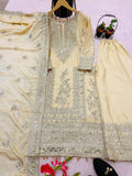 Pure Chinnon Silk Heavy Embroidery Coding Dori-Sequence Work With Full Sleeve