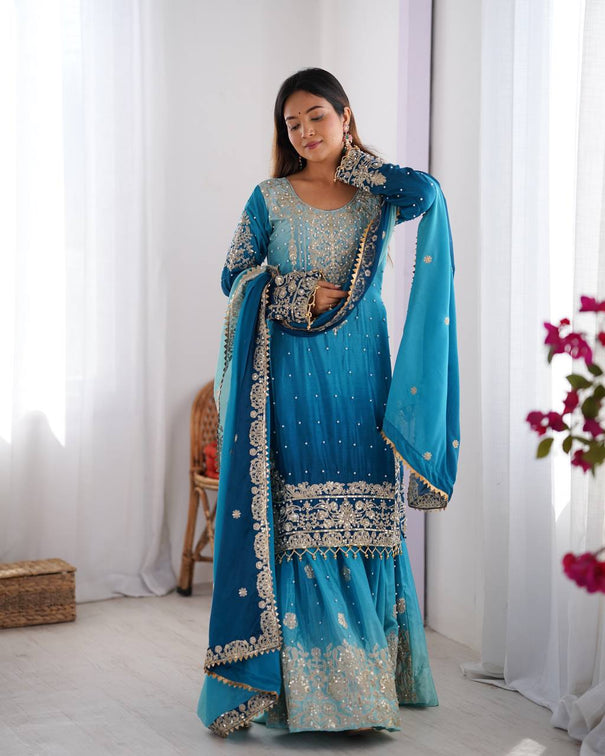 Full Heacy Chinon Silk With Sequence With Ricet Moti Wotk Top Plazzo Pair