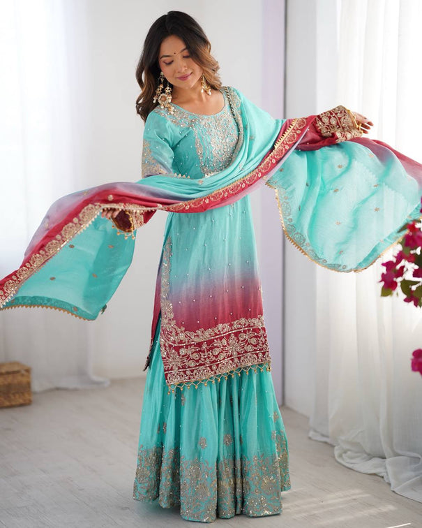 Full Heacy Chinon Silk With Sequence With Ricet Moti Wotk Top Plazzo Pair
