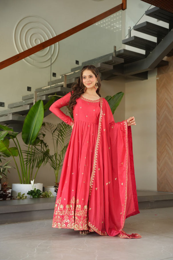 Red Color Embroidery Sequence With Zari Work Gown