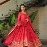 Red Color Embroidery Sequence With Zari Work Gown
