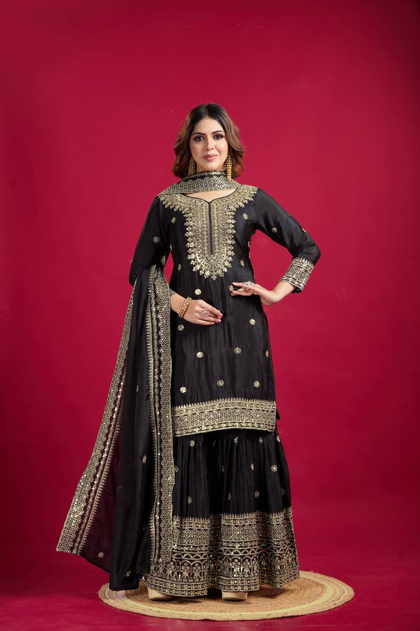 Exclusive Designer Heavy Work Pure Heavy Chinon Silk Sharara Suits Set