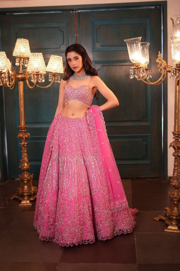 Pink Color Premium Net With Embroiderty Work Lehenga