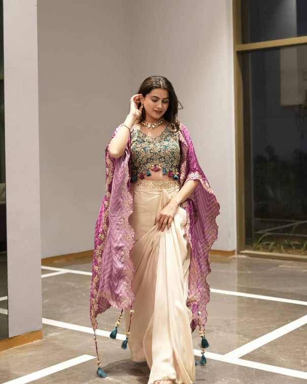 Sequence Embroidery With Latkan On Corner With Chinon Shrug Draped Choli
