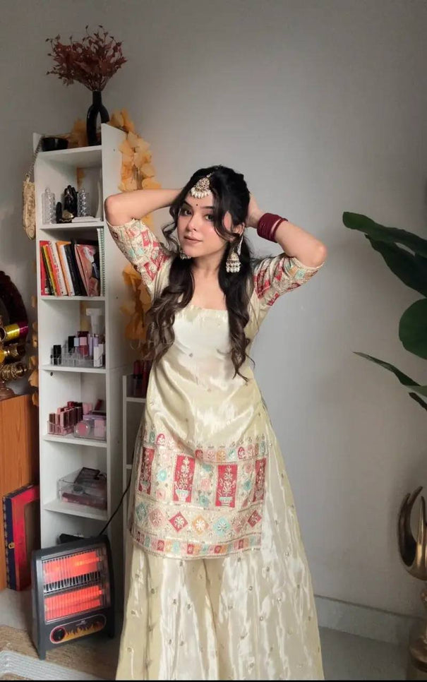 Havy Chinon Silk Embroidery Work With Micro Cotton Top Sharara