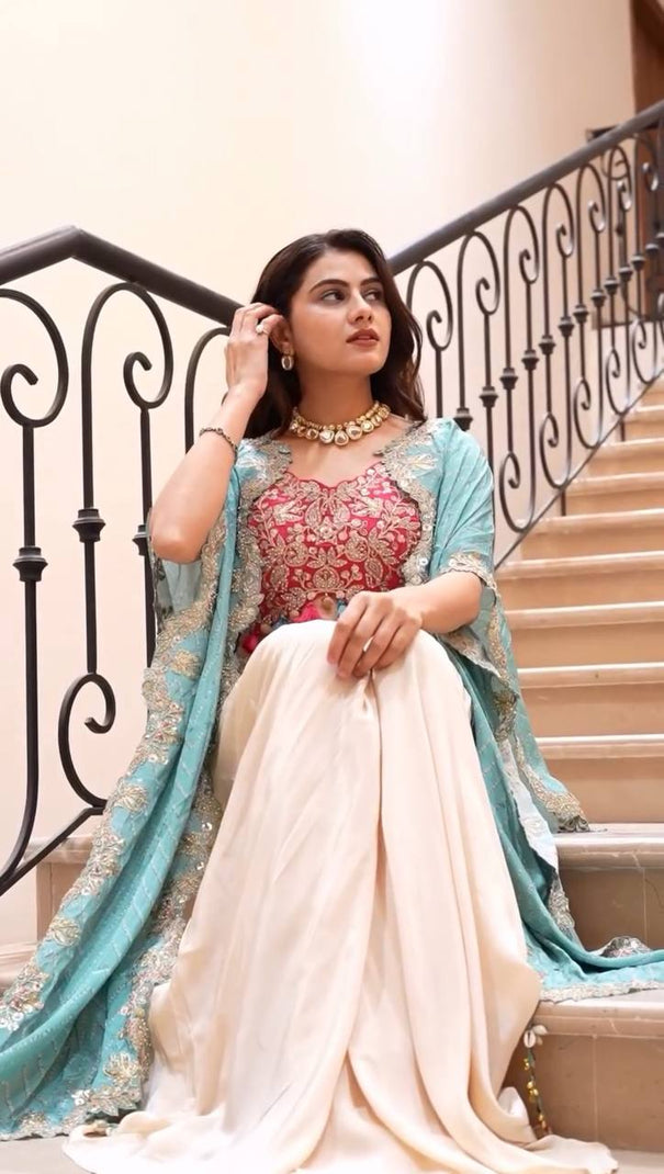 Sequence Embroidery With Latkan On Corner With Chinon Shrug Draped Choli