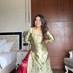 Pista Color Moss Satin Embroidery Work Kurti Sharara