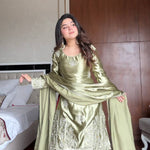 Pista Color Moss Satin Embroidery Work Kurti Sharara