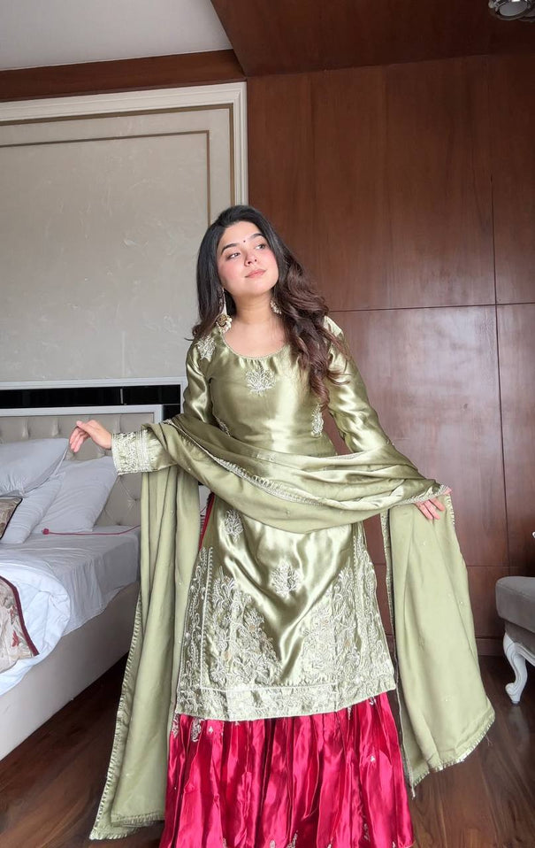 Pista Color Moss Satin Embroidery Work Kurti Sharara