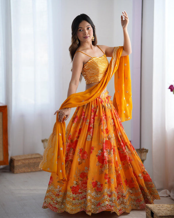 Foux Georgette With Digital Print And Thread With Sequence Work Lehenga