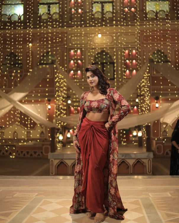 Printed Crape Silk With Fullstitched Bottom Free Size Shrug Draped Choli