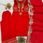 Beautifull Red Color Roman Silk With Embroidery Work Top Plazzo