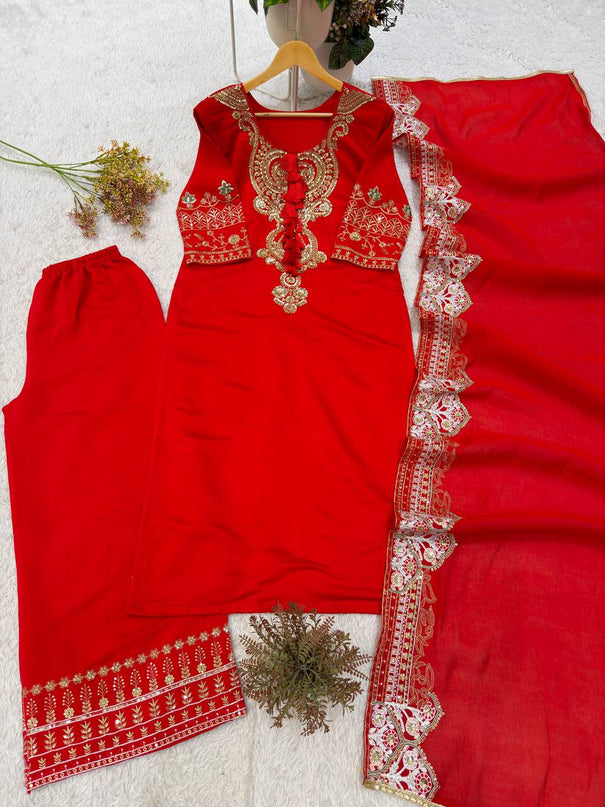 Beautifull Red Color Roman Silk With Embroidery Work Top Plazzo
