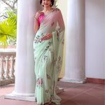 Green Color Soft Elegent Georgette Print Hand Work Saree
